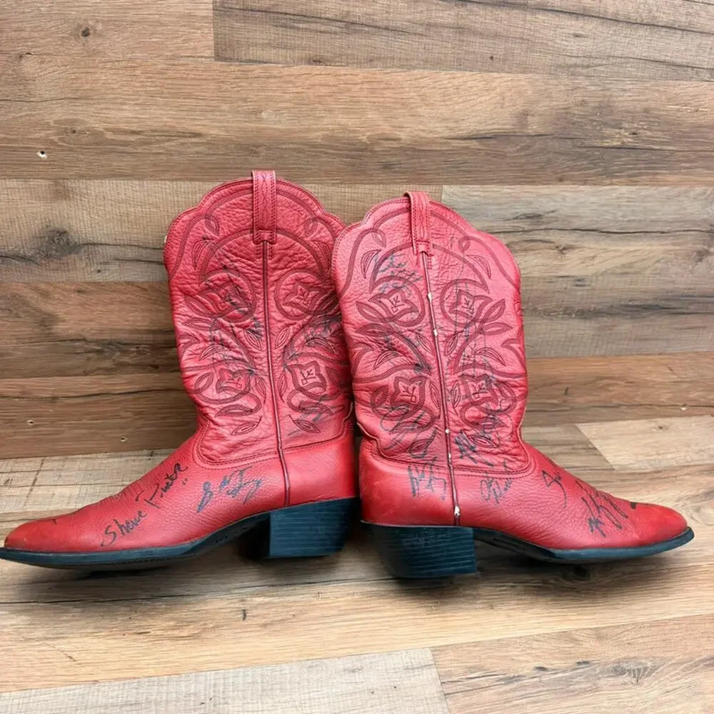 Ariat Womens Size 9 B Red Leather Cowboy Boots Signed Autographed